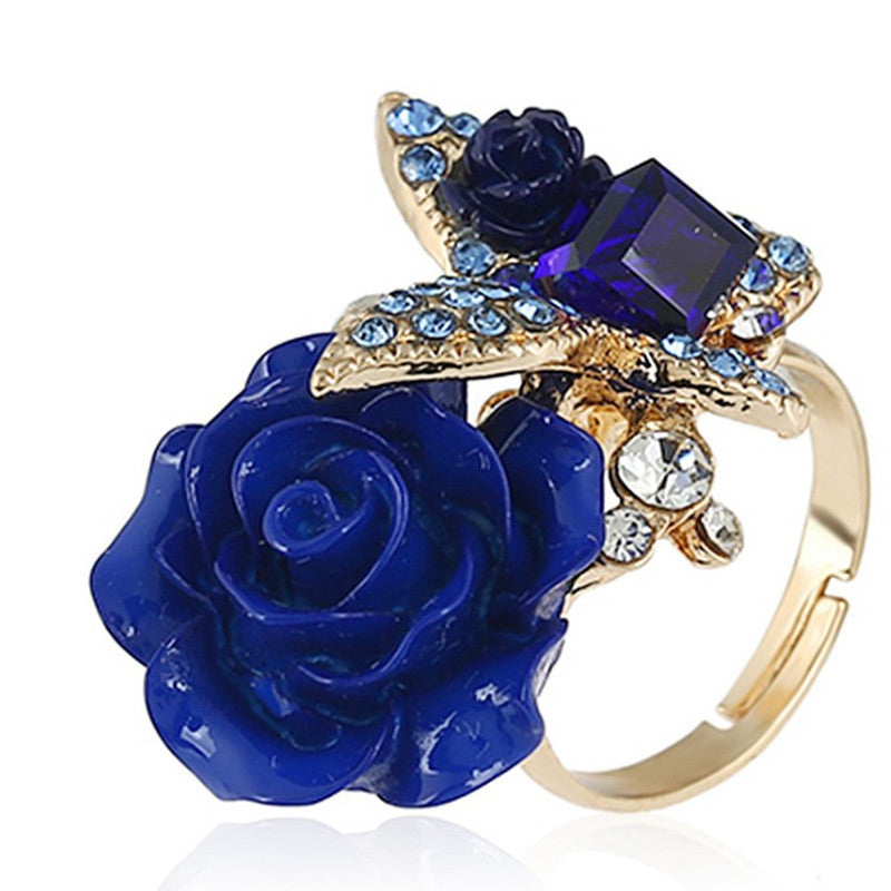 Cross-border Jewelry European And American Retro Butterfly Ring Women's Opening Full Diamond Crystal Rose Flower Ring Bohemian Style