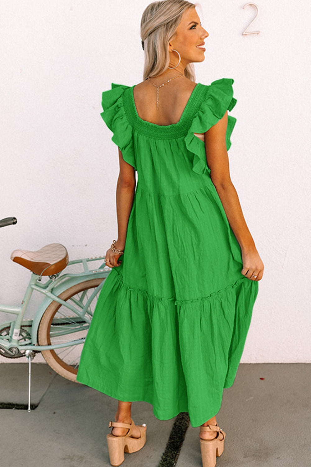 Green Ruffled Flutter Sleeve Square Neck Tiered Maxi Dress