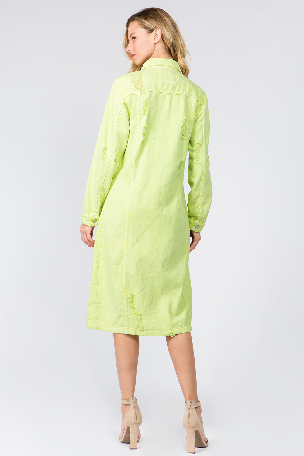 Lime Green Distressed Denim Shirt Dress for Women