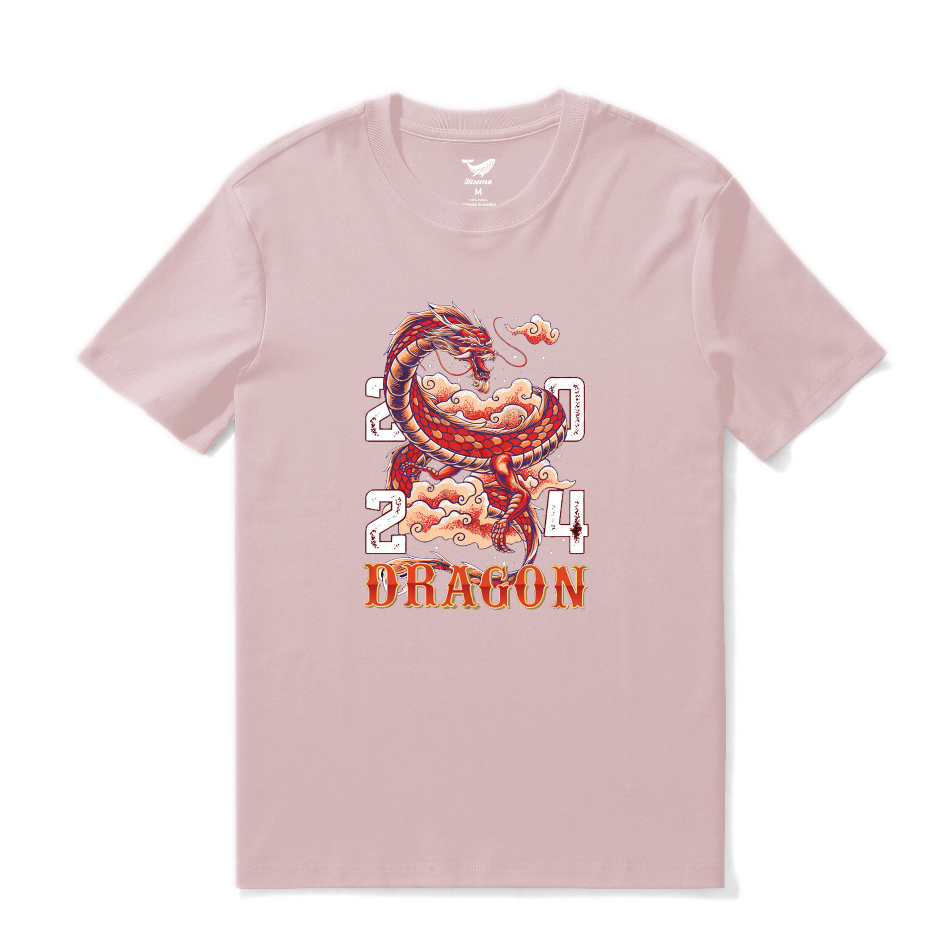 Pink crew neck t-shirt featuring a Year of the Dragon 2024 graphic print