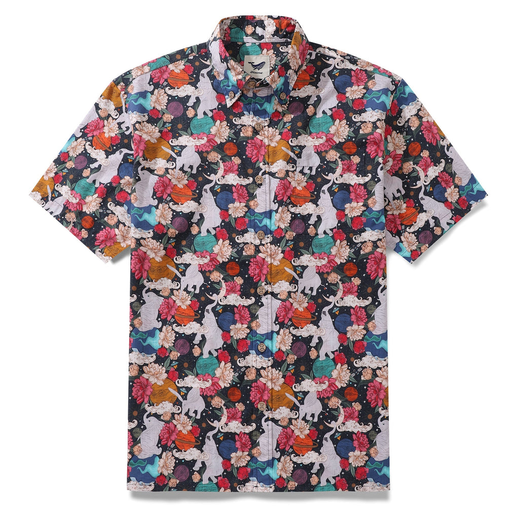 Men wearing a short sleeve Hawaiian shirt with a colorful surrealist space pattern against a neutral background.