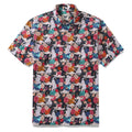 Men wearing a short sleeve Hawaiian shirt with a colorful surrealist space pattern against a neutral background.