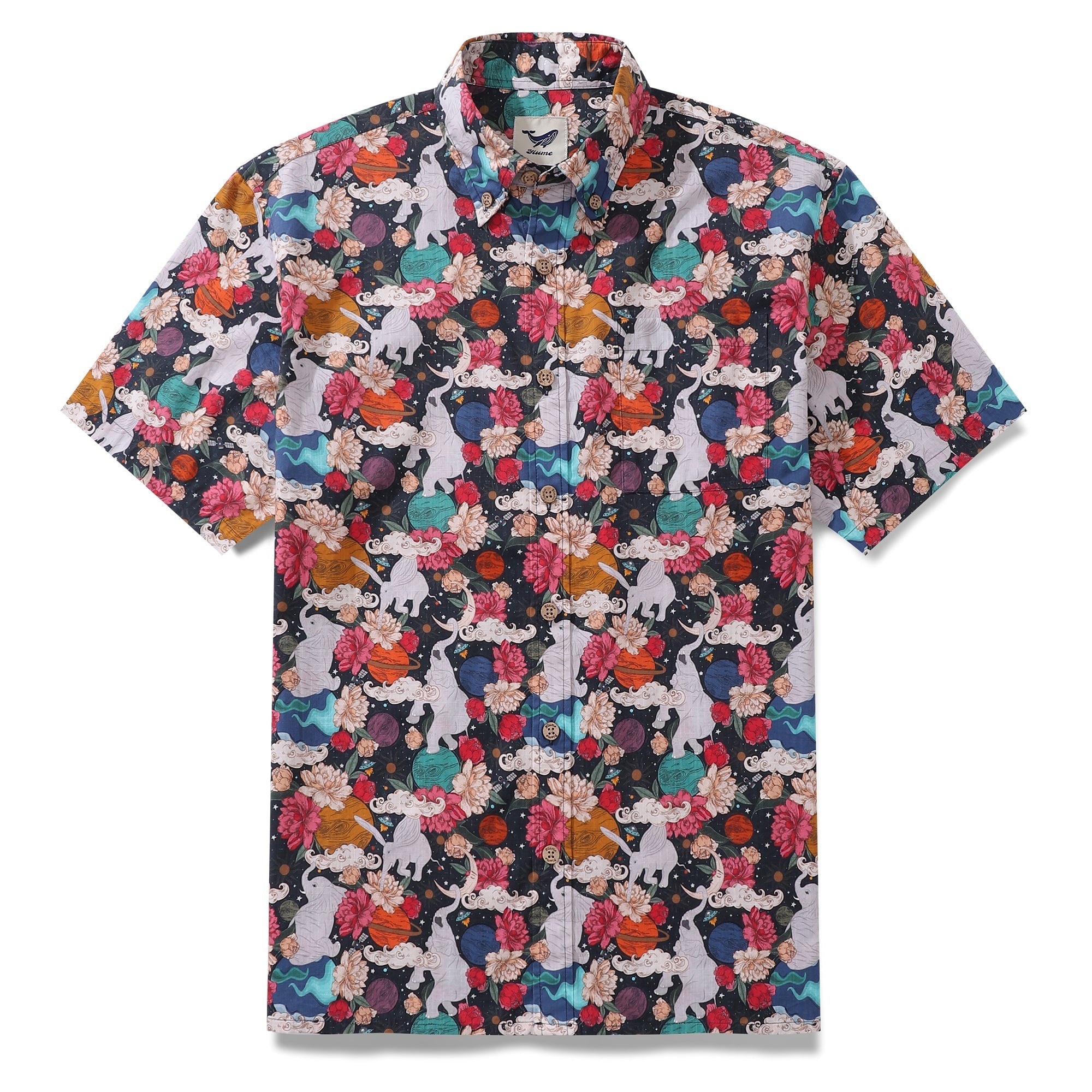 Men wearing a short sleeve Hawaiian shirt with a colorful surrealist space pattern against a neutral background.