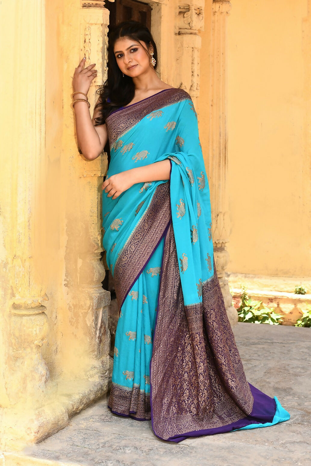 Sky Blue Crepe Chiffon Pure Handloom Banarasi Silk Saree