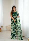 Green georgette saree with printed pattern and detailed mirror work embroidery