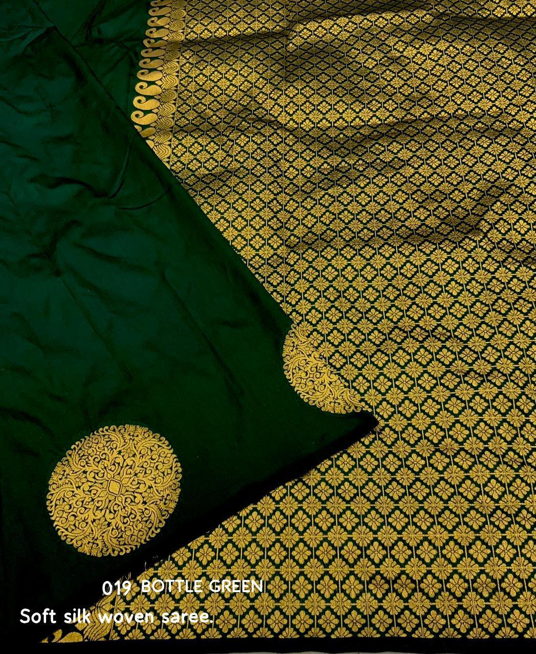 Green Silk Woven Saree with Zari Butta and Unstitched Blouse