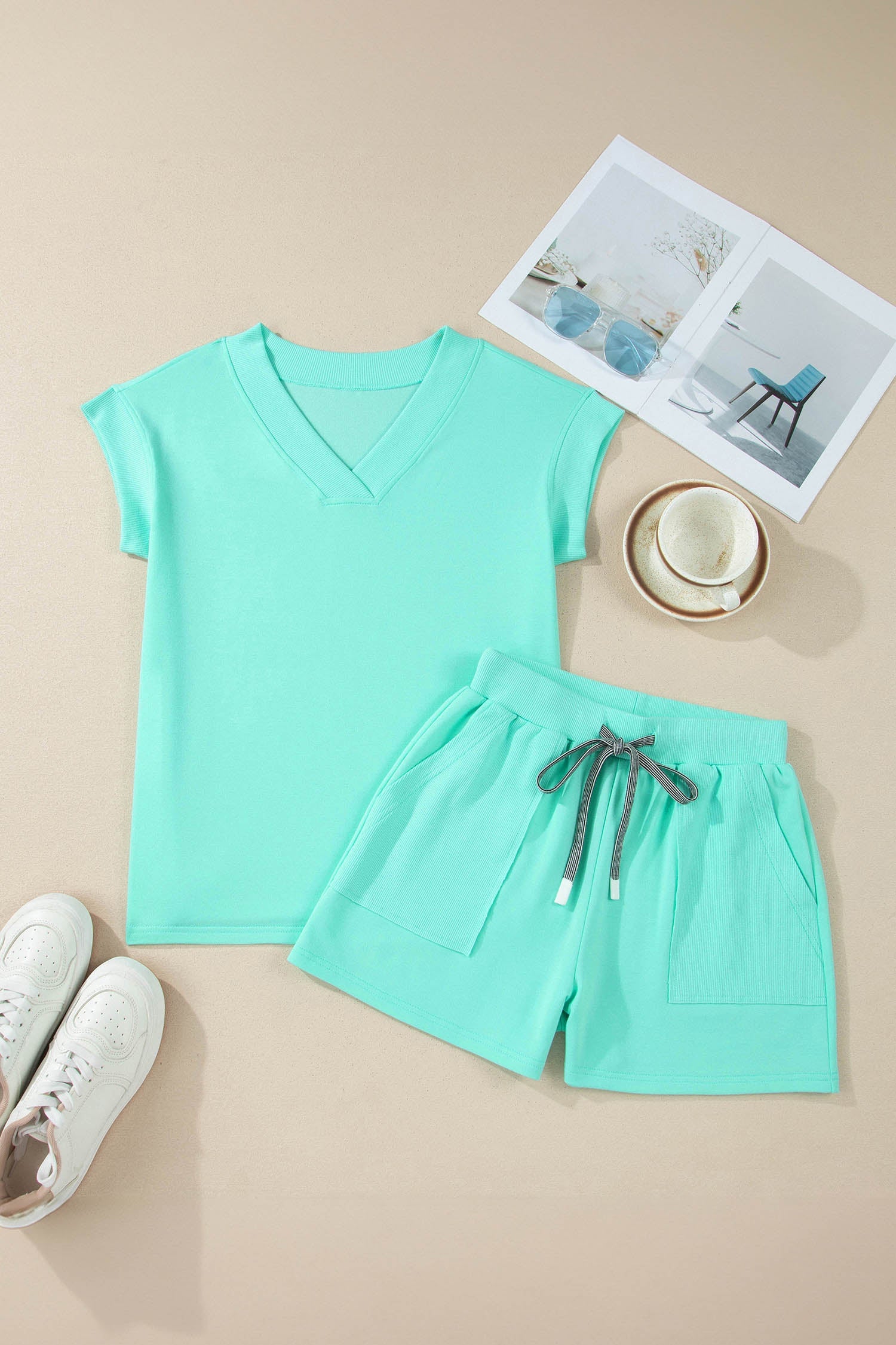 Mint Green V-Neck Top and Drawstring Shorts Lounge Set - Image 2