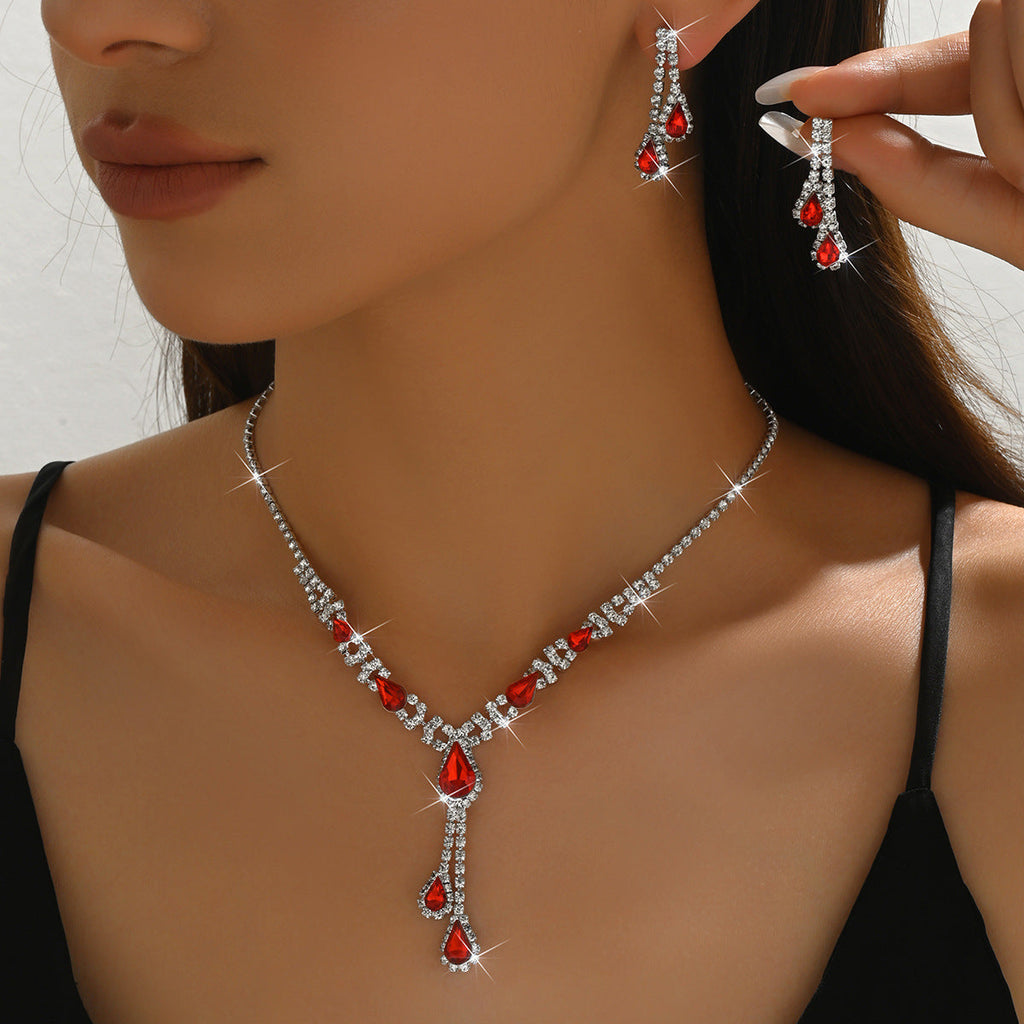2026 New Fashion Accessories Red Water Drop Necklace Earrings Bridal Wedding Party Jewelry