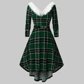 Women’s Christmas Plaid V-Neck Long Sleeve Faux Fur Trim Dress - Image 4