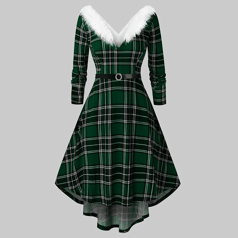 Women’s Christmas Plaid V-Neck Long Sleeve Faux Fur Trim Dress - Image 4
