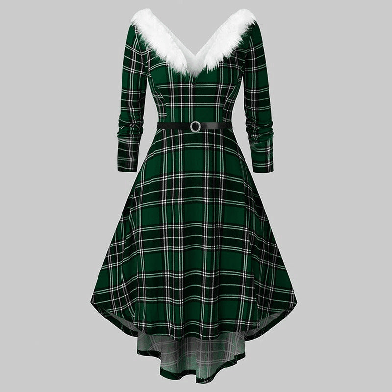 Women’s Christmas Plaid V-Neck Long Sleeve Faux Fur Trim Dress - Image 4