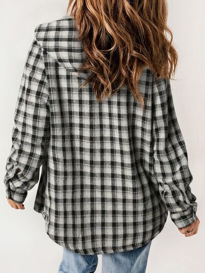 Plush Plaid Snap Down Hooded Jacket Cozy Warm Casual Outerwear