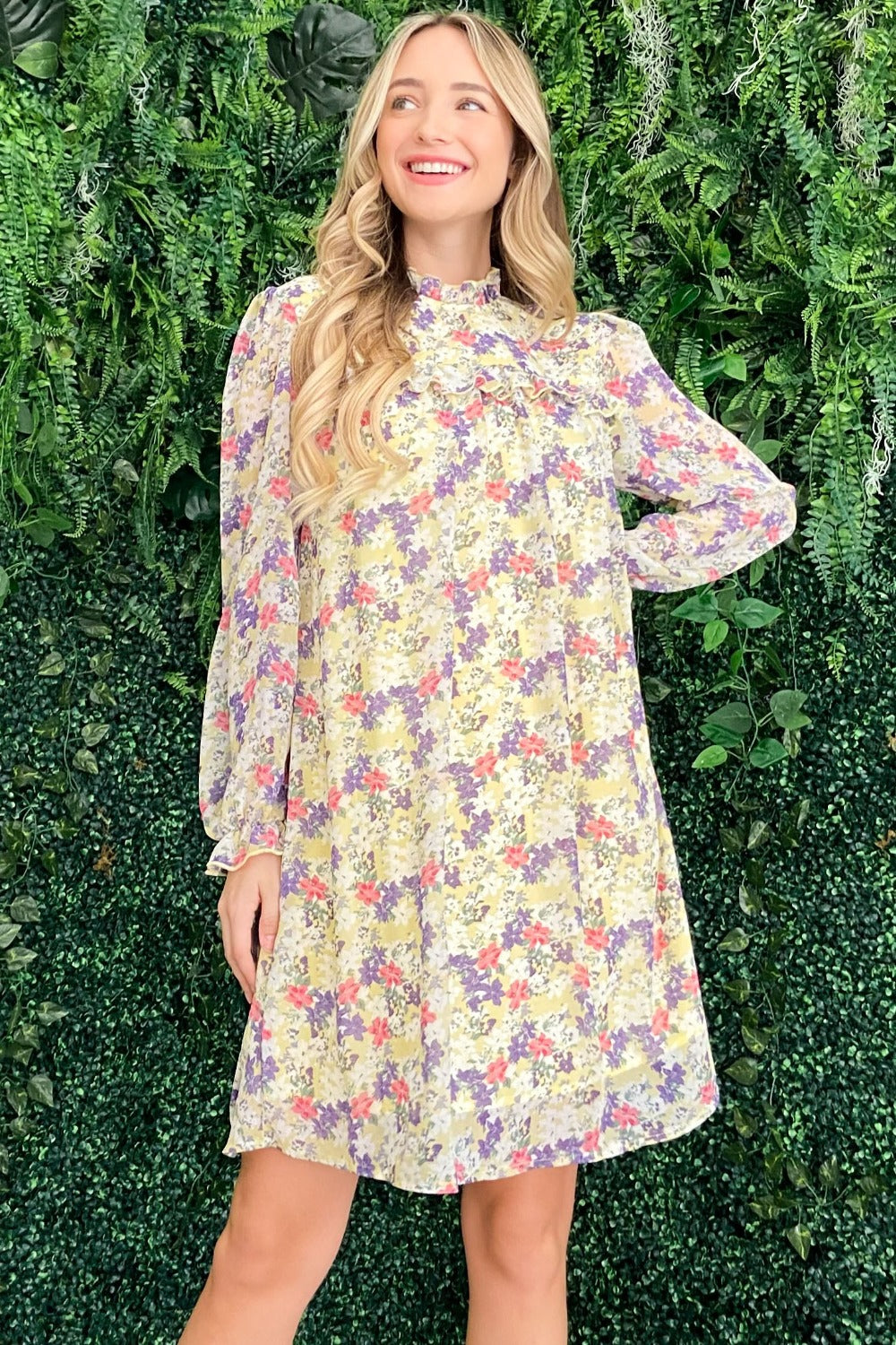 Chiffon floral summer dress with flounce sleeves and mock neck