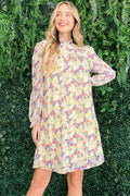 Chiffon floral summer dress with flounce sleeves and mock neck