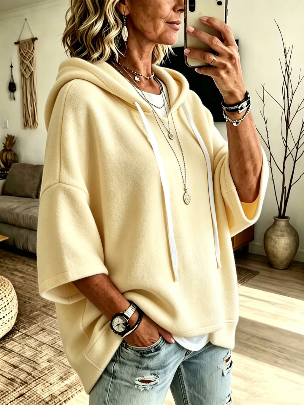 Women's Oversized Batwing Sleeve Hoodie – Loose Fleece Pullover