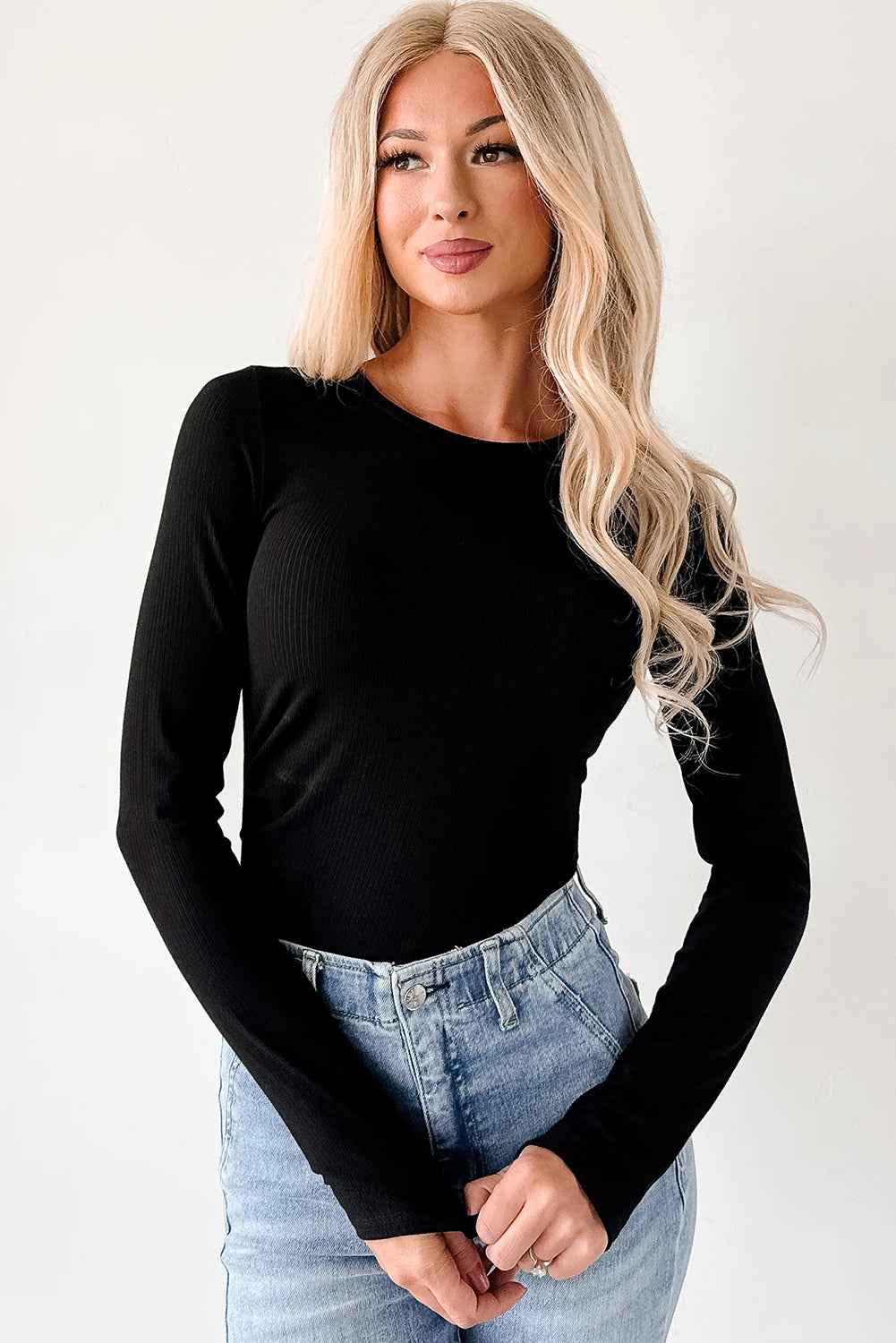 Dearlovers Black Ribbed Long Sleeve Crew Neck Solid Color Bodysuit