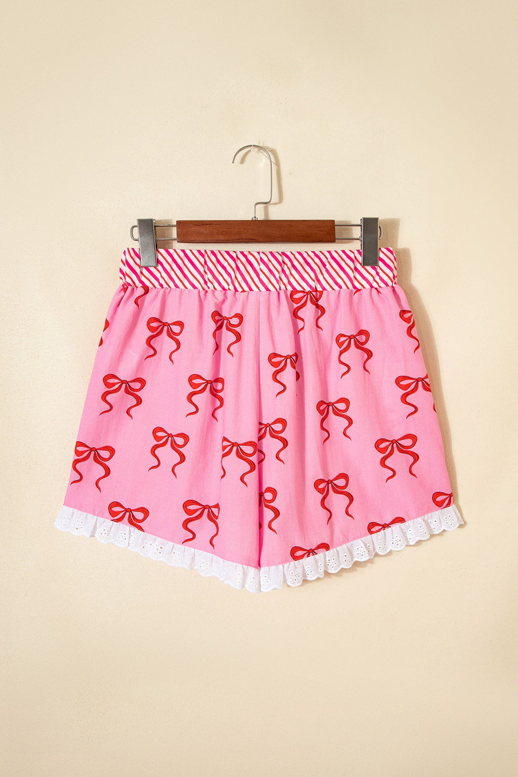 Bow Stripe Patchwork Elastic Waist Lace Trim Shorts