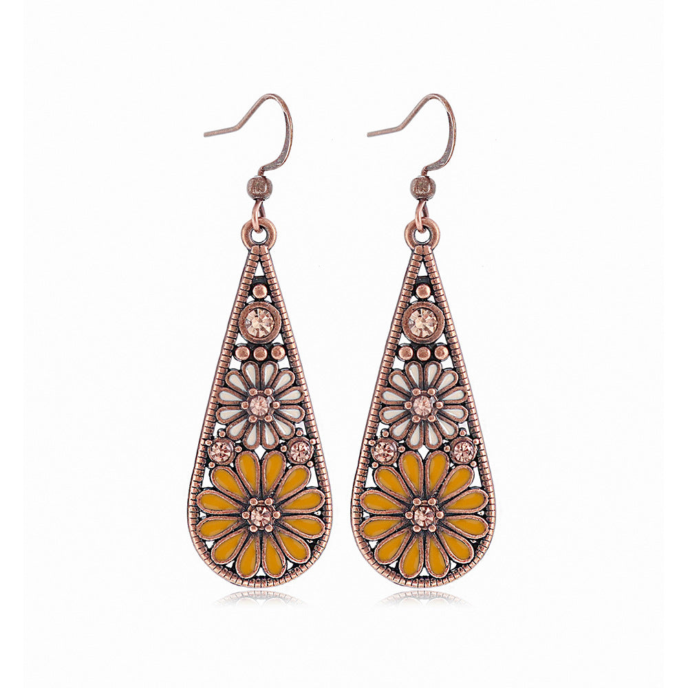 Metal Earrings Water-drop-shaped With Small Daisies Oil-drip Style