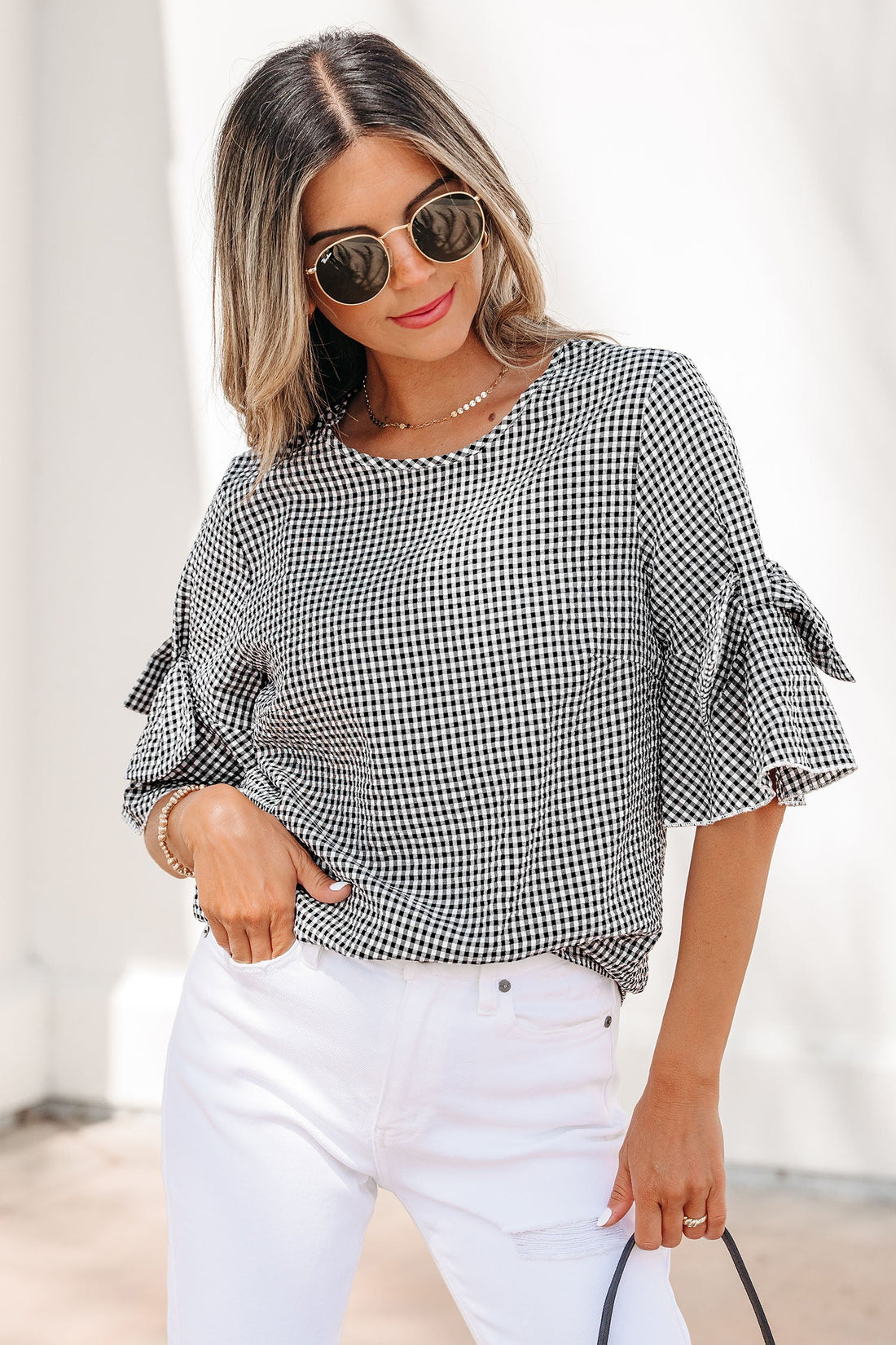 Carolina Ruffled Half Sleeve Blouse with Bow Detail and Plaid