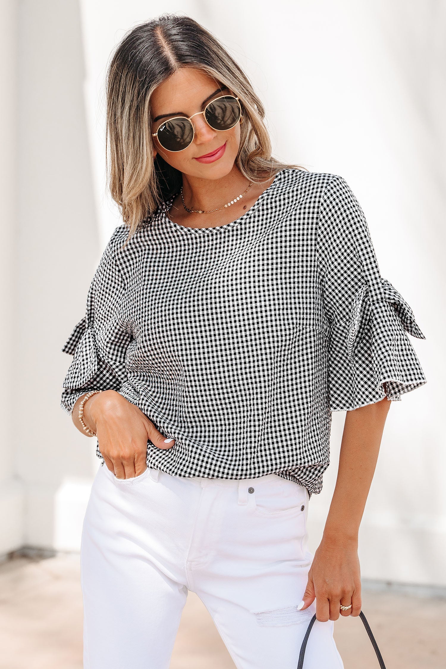 Carolina Ruffled Half Sleeve Blouse with Bow Detail and Plaid