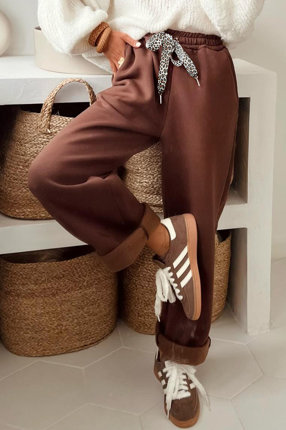 Coffee Fleece Lined Leopard Drawstring Elastic Waist Solid Pants