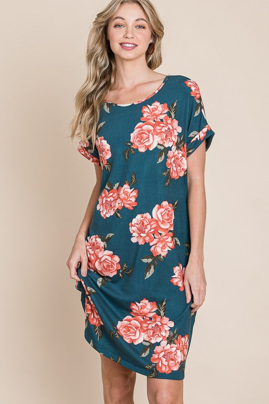 Floral Round Neck Short Sleeve Tee Dress with Pockets