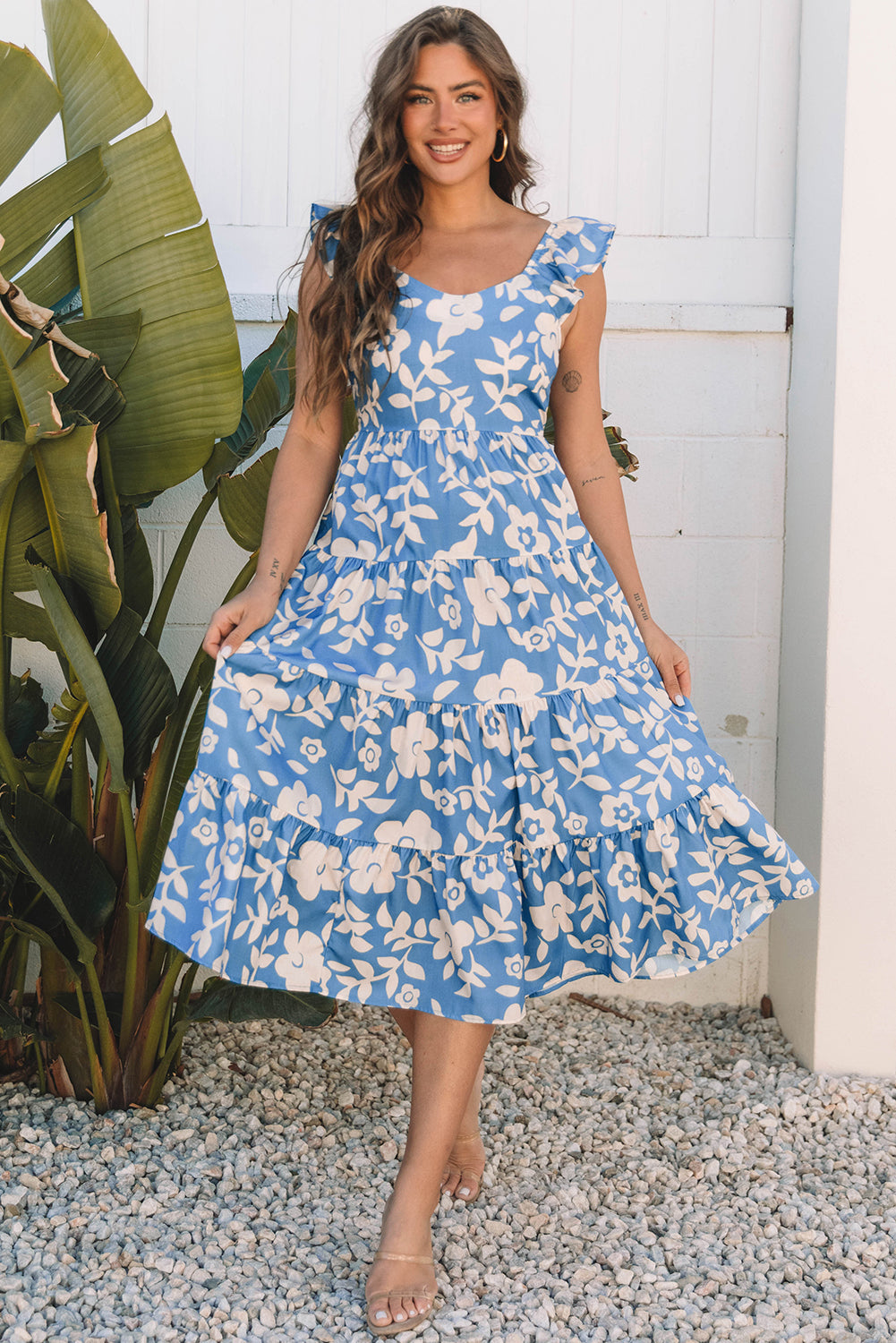Sky Blue Floral Chiffon Flutter Sleeve Midi Dress