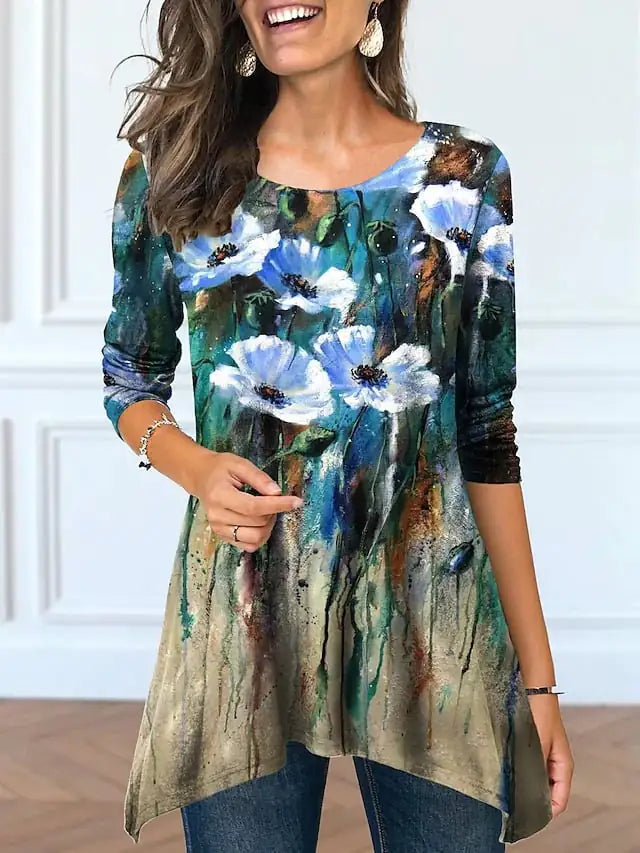 Women's Round Neck Floral Print Tunic Top with Asymmetrical Hem