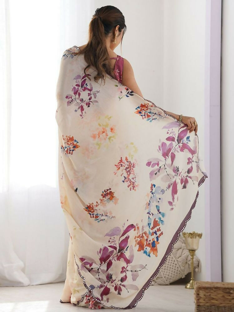 Cream Georgette Saree with Digital Print and Mirror Work