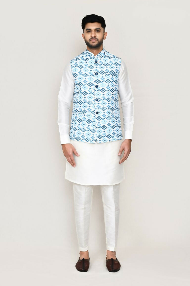 White Art Silk Kurta Set with Jacket and Straight Fit Pants