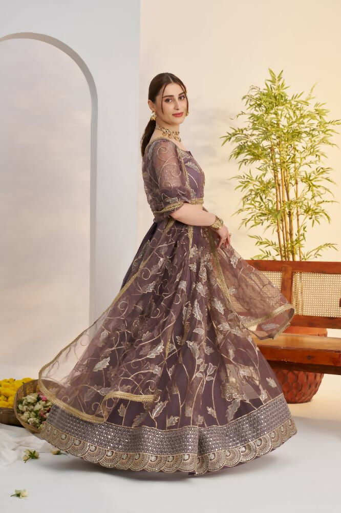 Dark Onion Butterfly Net Wedding Lehenga Choli with Zari Embroidery