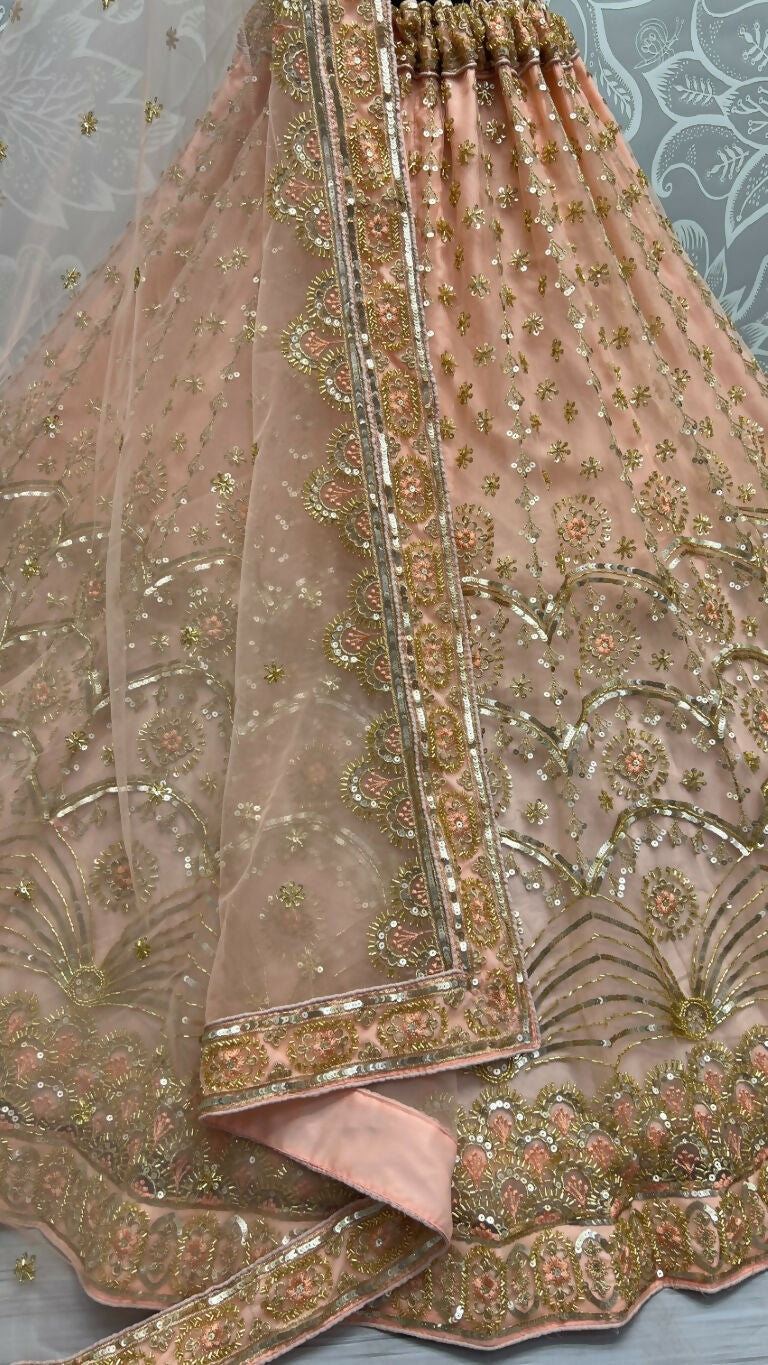 Peach Bridal Net Lehenga with Sequins, Threadwork & Handwork
