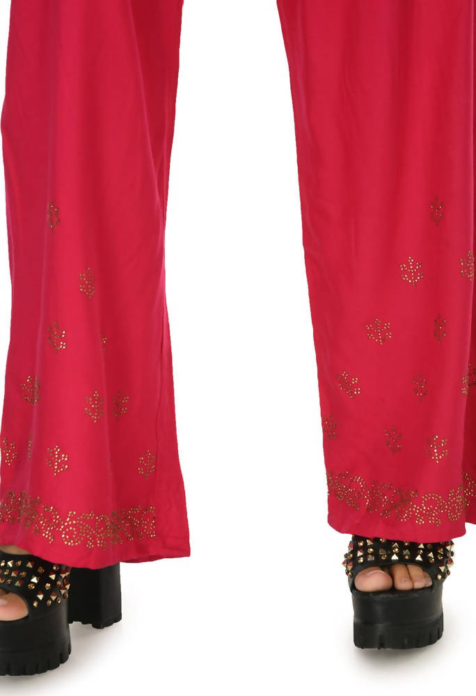 Red Rayon Cotton Palazzo Pants with Traditional Sirsoki Embroidery
