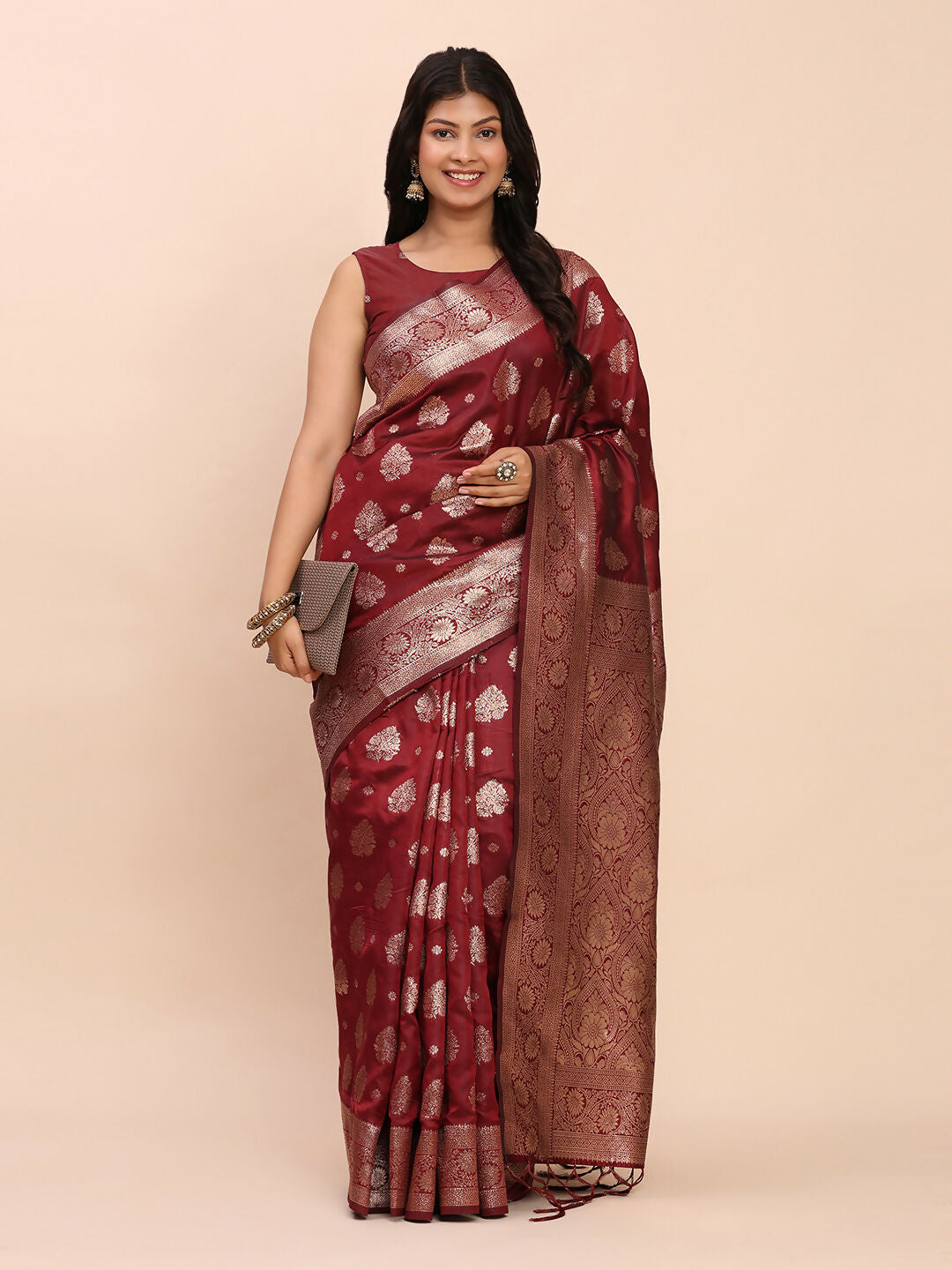 Maroon Banarasi Silk Saree with Matching Blouse Piece