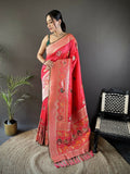 Peach Soft Lichi Silk Banarasi Saree with elephant and floral motifs paired with a green blouse