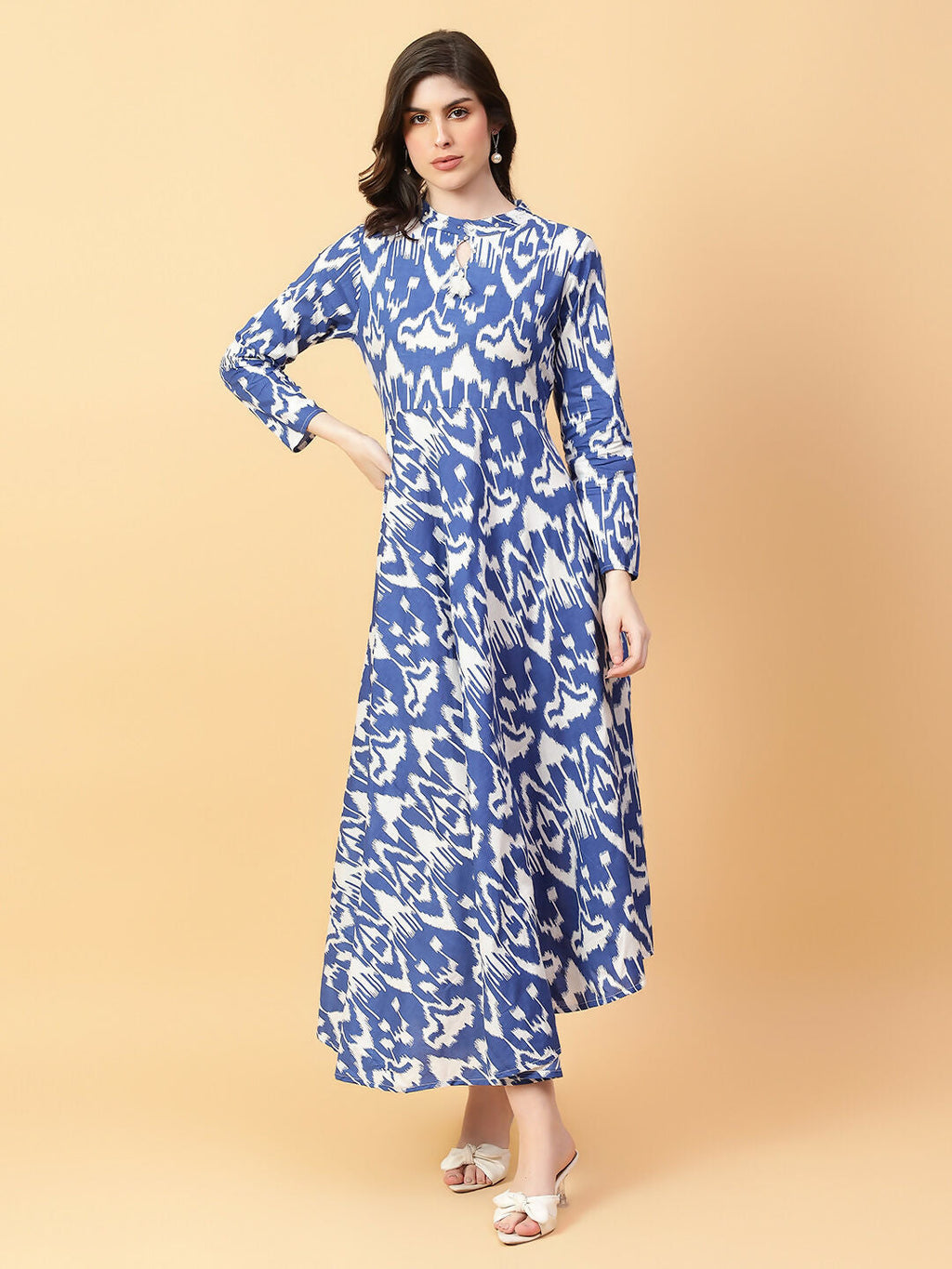 Blue Cotton Printed Dress with Hand Work - Ethnic Fusion Style