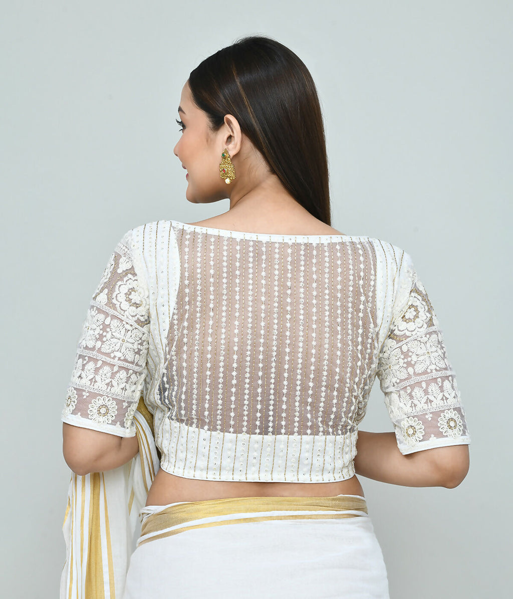 Women's White Embroidered Art Silk Stitched Blouse for Sarees