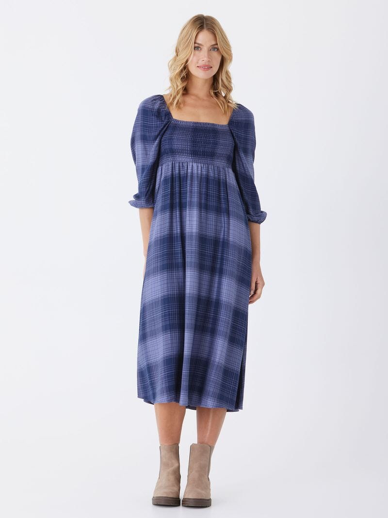 Faye Sierra Plaid Woven Midi Dress in Blue and Navy