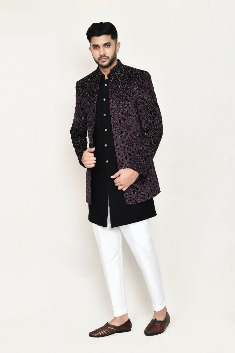 Black velvet Indo-Western open jacket set with detailed appliques and matching pants