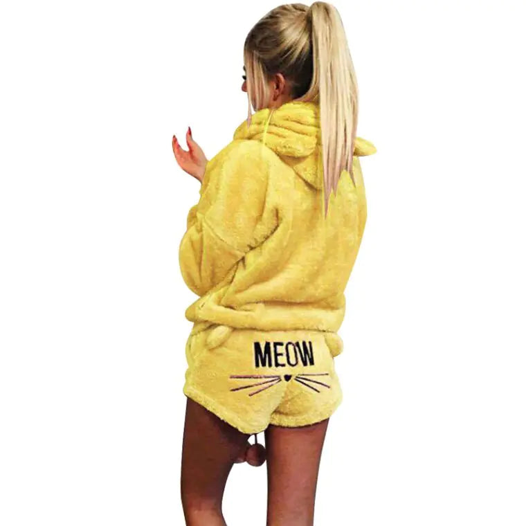 Meow Plush Hoodie Pajama Short Set