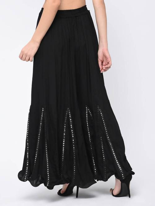 Black Flared Palazzo Pants with Mirror Lace Work in Rayon Cotton