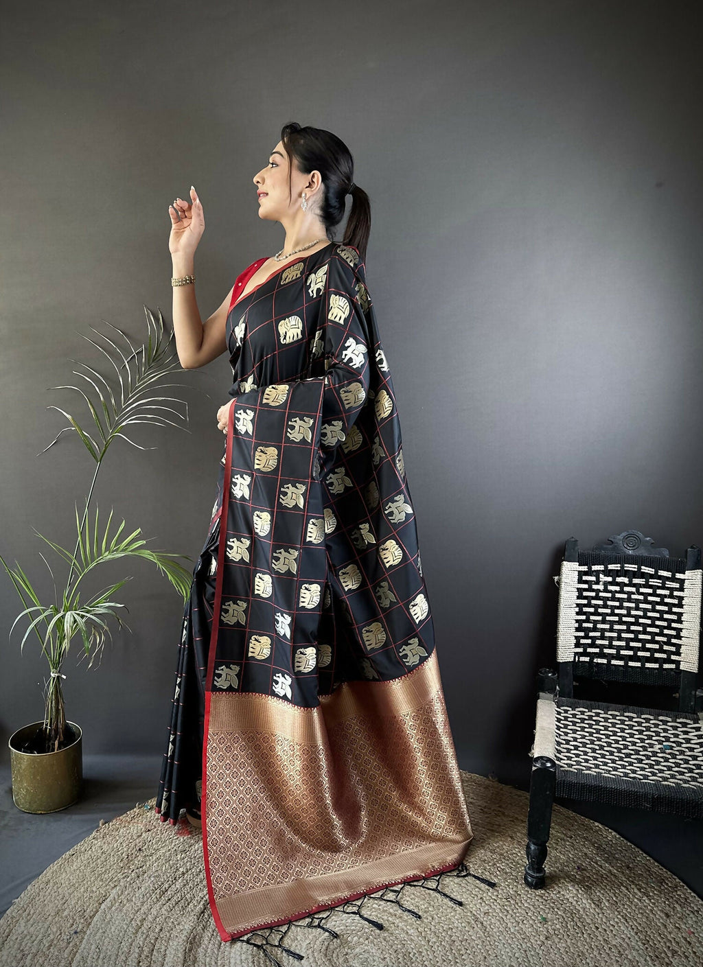 Black Elephant Motif Soft Silk Banarasi Saree with Pink Blouse