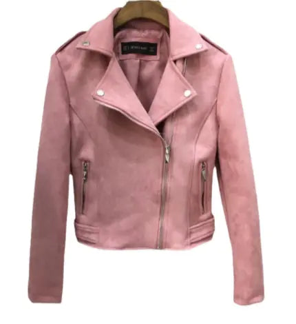 Suede Lapel Long Sleeve Zipper Detail Leather Jacket