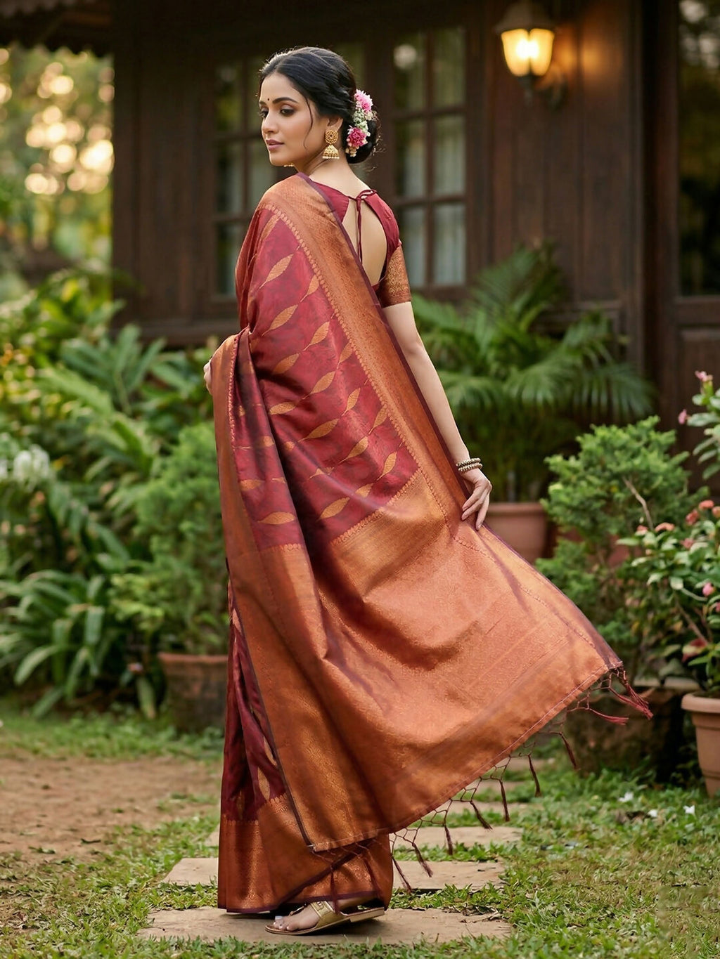 Maroon Silk Blend Saree with Matching Blouse Fabric