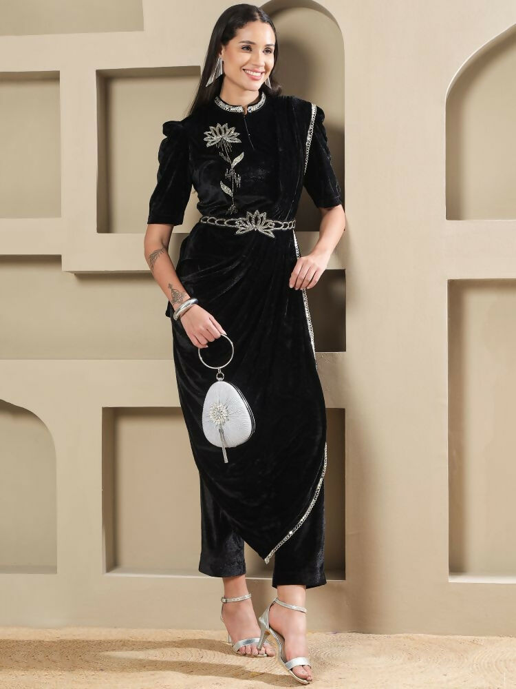 Black Velvet Hand Embellished Long Kurta Set