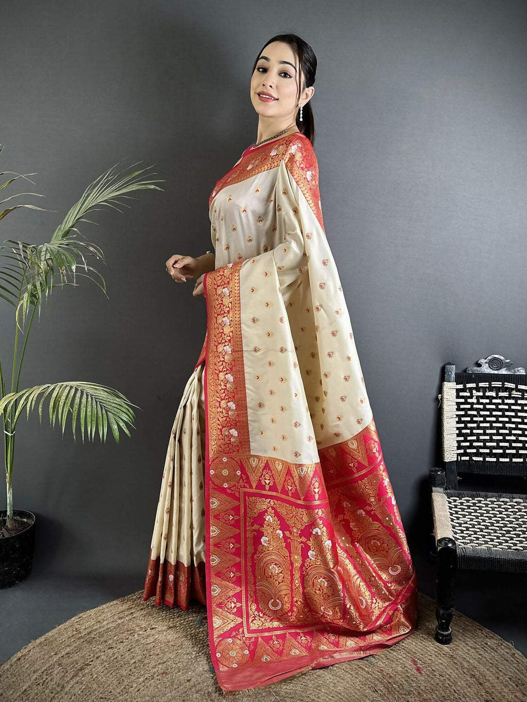 Off White Soft Silk Banarasi Saree with Gajari Butti Blouse