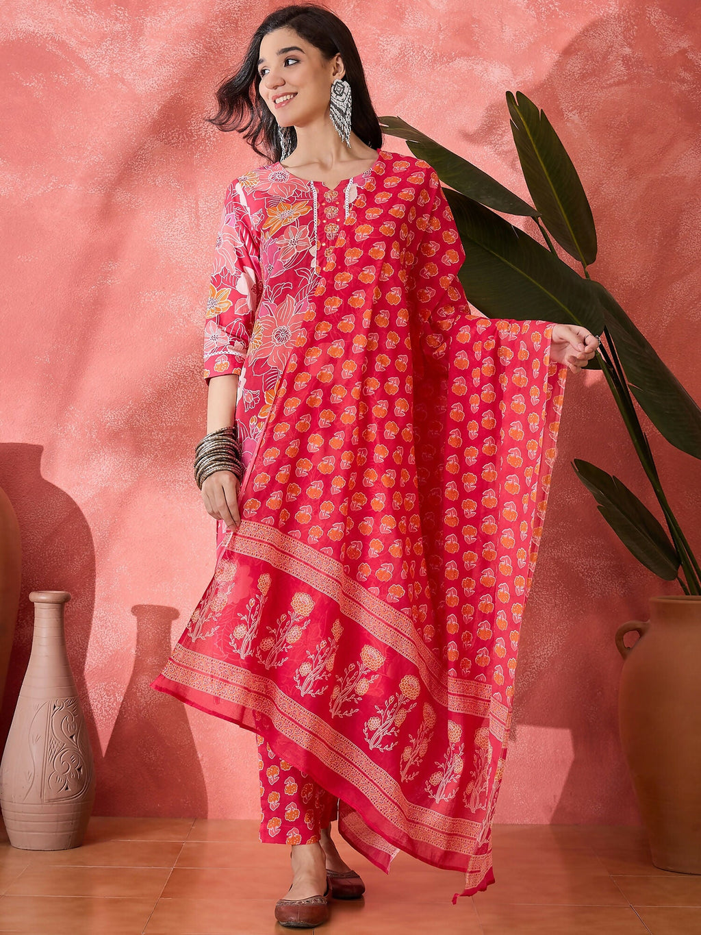 Women's Printed Pink Pure Cotton Kurta Set