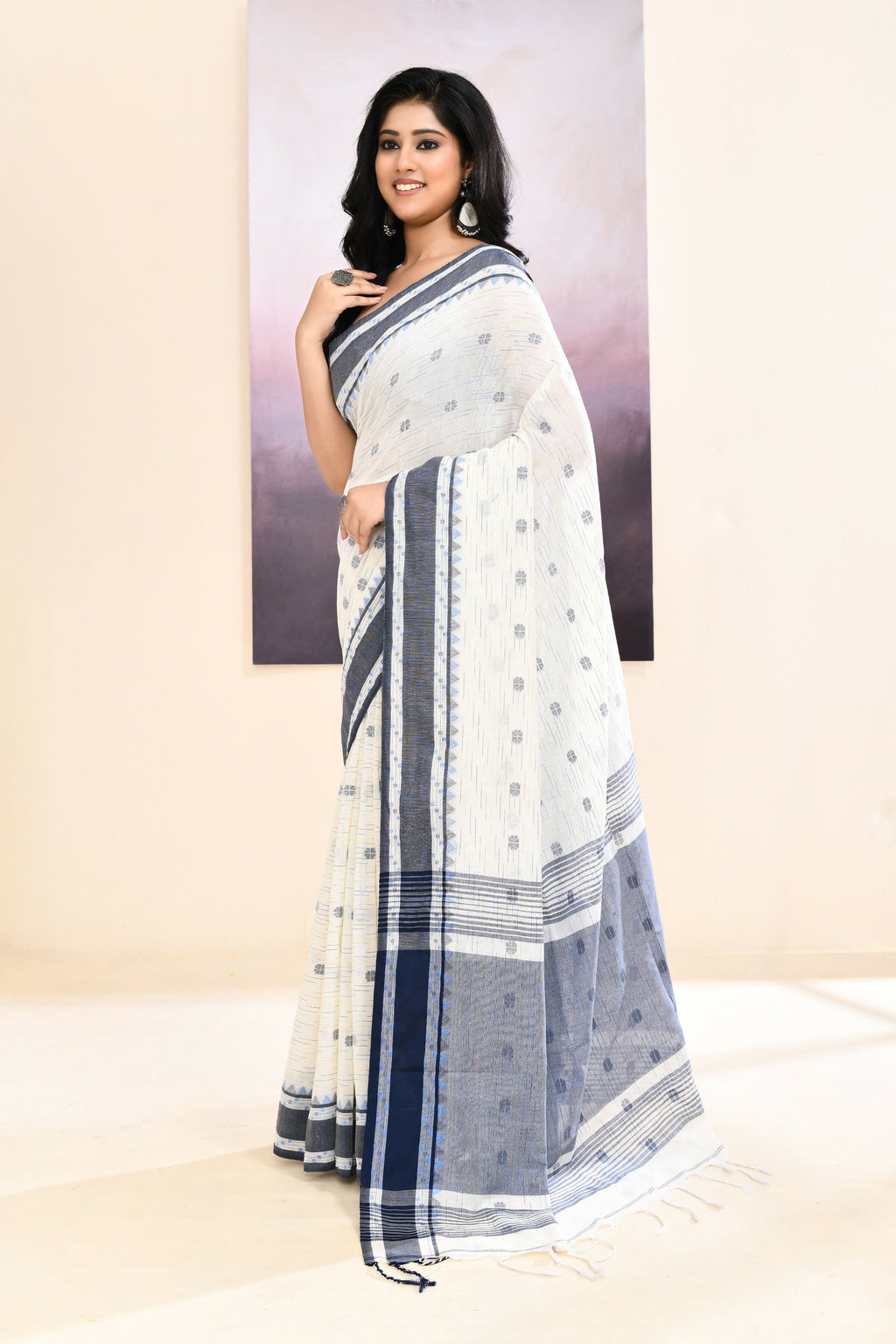 White Embellished Saree in Pure Cotton