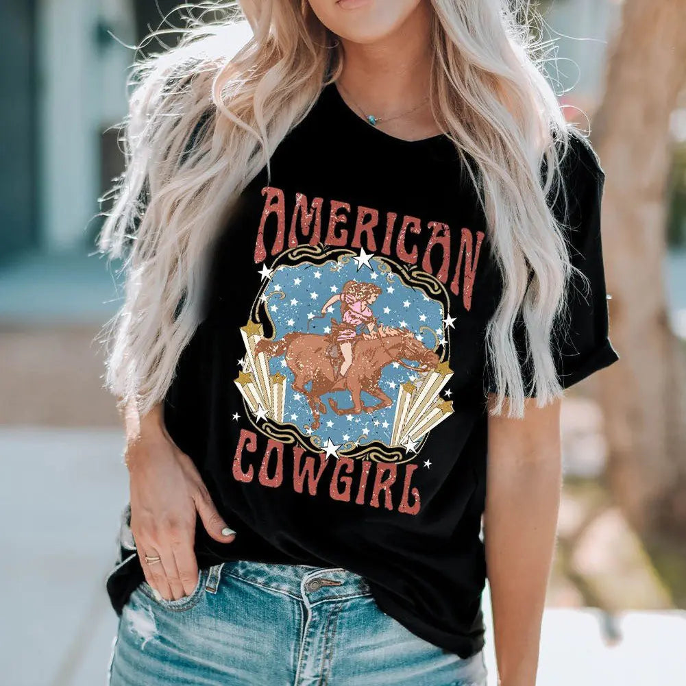 Women's Black American Cowgirl Graphic Round Neck T-Shirt - Image 4