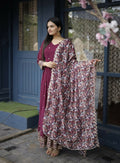 Wine-colored faux blooming Anarkali dress with detailed zari and sequin embroidery